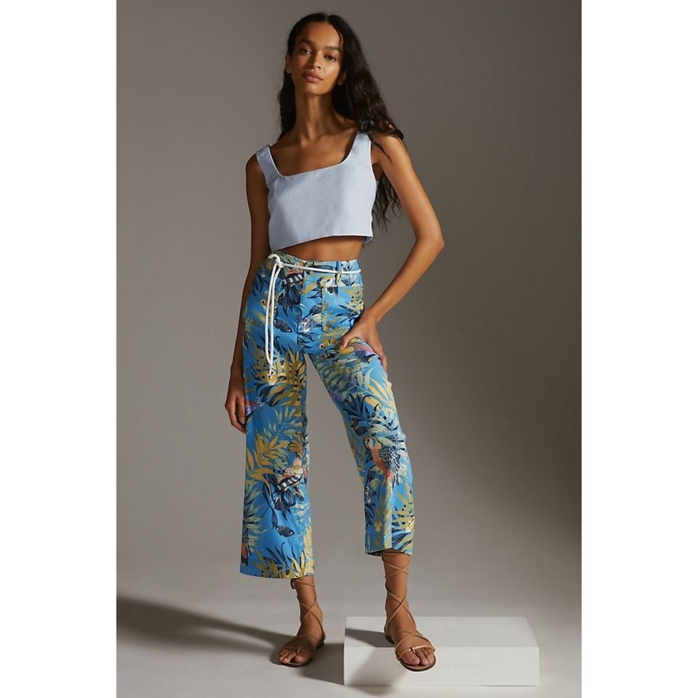 Maeve Anthropologie The Colette Tropical Bird Print Wide Leg Crop Pants Blue 2